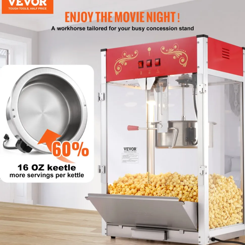 VEVOR Popcorn Maker, 1615W Popcorn Popper Machine, 16 Oz Kettle Large Capacity Countertop Popcorn Maker with Tempered Glass, Includes 3 Stainless Steel Scoops, Movie Theater Style, Red