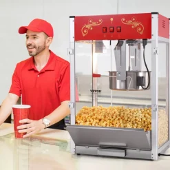 VEVOR Popcorn Maker, 1615W Popcorn Popper Machine, 16 Oz Kettle Large Capacity Countertop Popcorn Maker with Tempered Glass, Includes 3 Stainless Steel Scoops, Movie Theater Style, Red