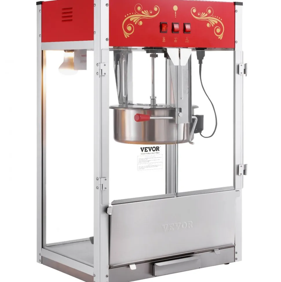 VEVOR Popcorn Maker, 1615W Popcorn Popper Machine, 16 Oz Kettle Large Capacity Countertop Popcorn Maker with Tempered Glass, Includes 3 Stainless Steel Scoops, Movie Theater Style, Red