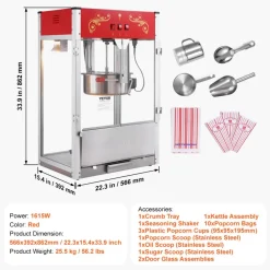 VEVOR Popcorn Maker, 1615W Popcorn Popper Machine, 16 Oz Kettle Large Capacity Countertop Popcorn Maker with Tempered Glass, Includes 3 Stainless Steel Scoops, Movie Theater Style, Red