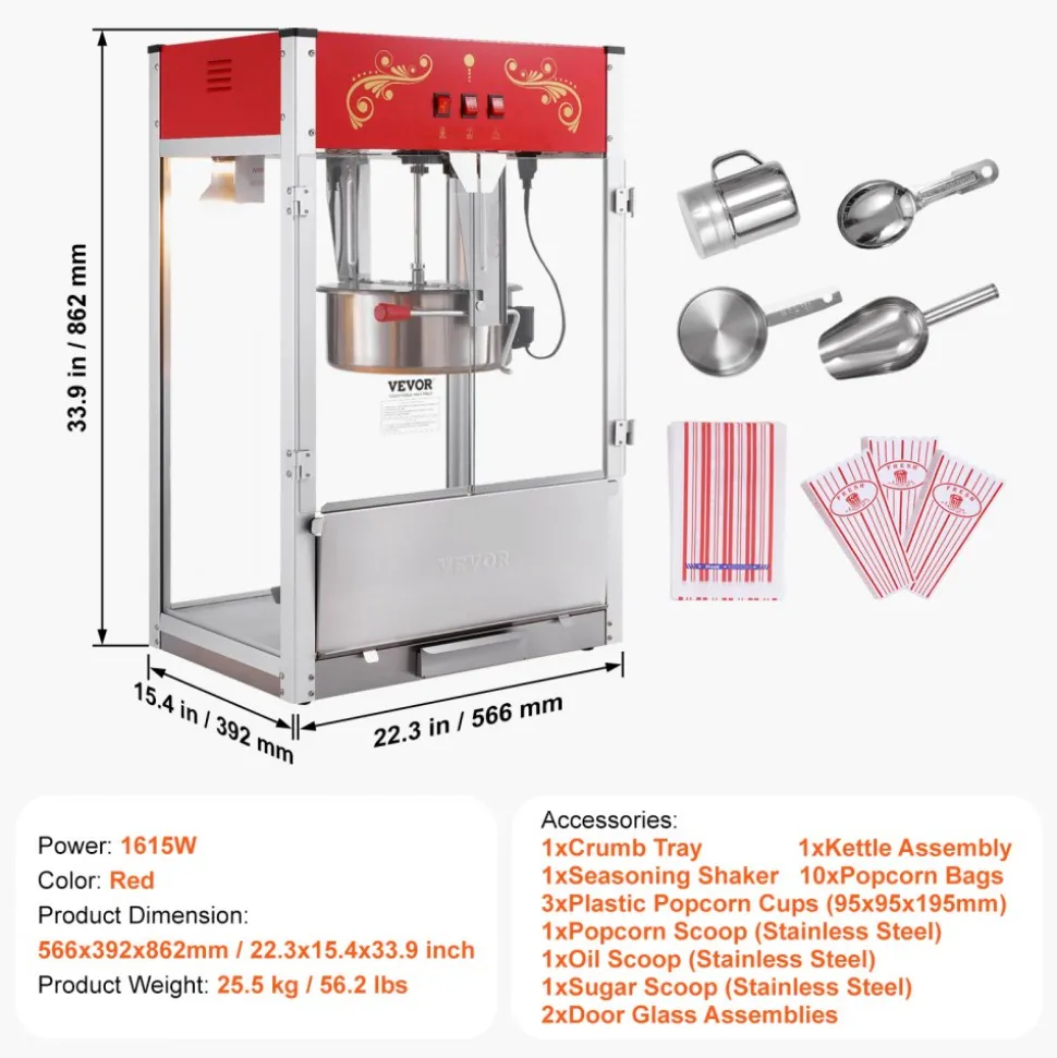 VEVOR Popcorn Maker, 1615W Popcorn Popper Machine, 16 Oz Kettle Large Capacity Countertop Popcorn Maker with Tempered Glass, Includes 3 Stainless Steel Scoops, Movie Theater Style, Red
