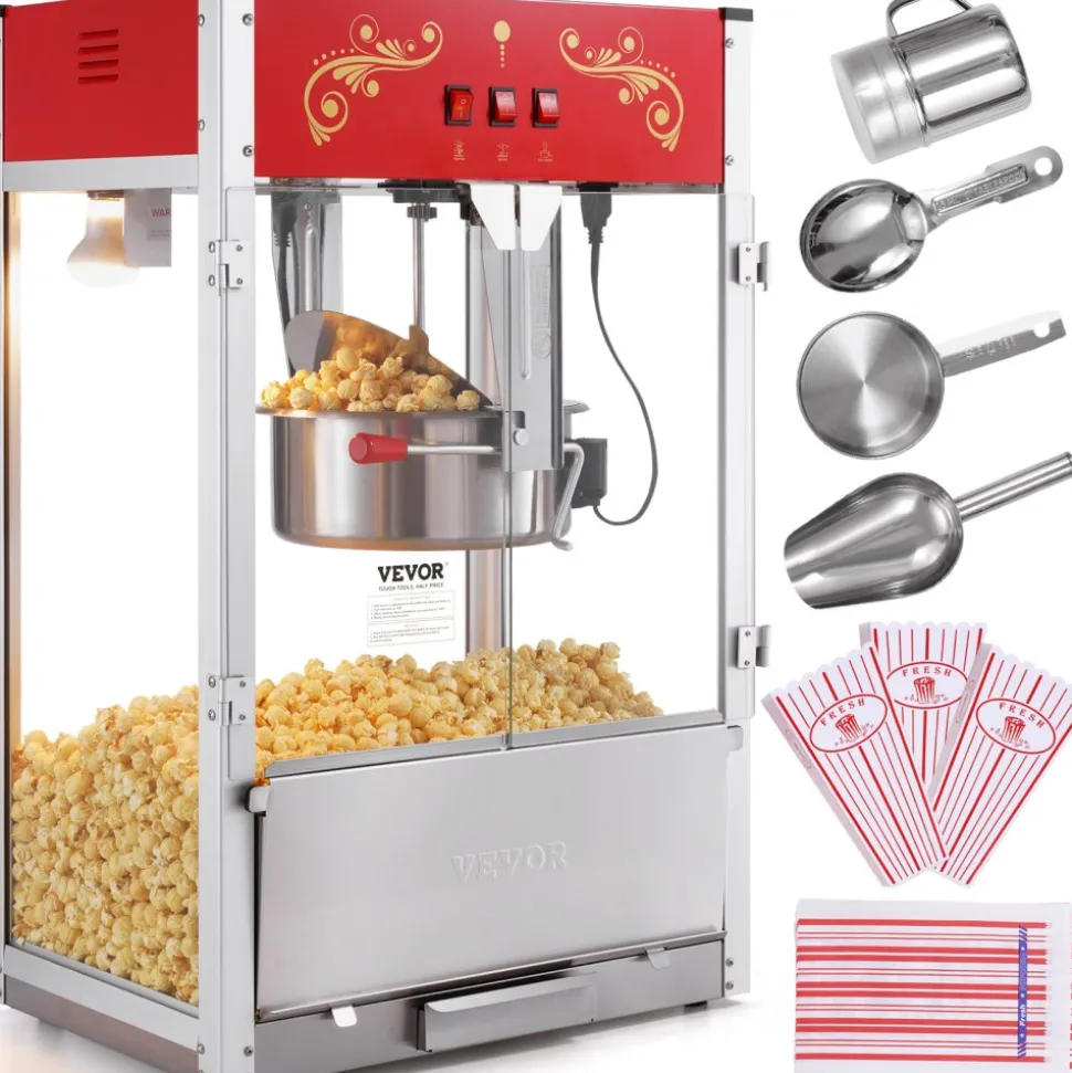 VEVOR Popcorn Maker, 1615W Popcorn Popper Machine, 16 Oz Kettle Large Capacity Countertop Popcorn Maker with Tempered Glass, Includes 3 Stainless Steel Scoops, Movie Theater Style, Red