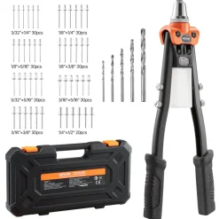 VEVOR Pop Rivet Gun Kit, with 230 Blind Rivets, Two-Handed Riveter with 5 Interchangeable Nosepieces, 5 Drill Bits, and a Carrying Case, Manual Riveting Tool for Metal, Automotive, Home, and DIY