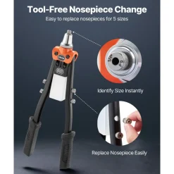 VEVOR Pop Rivet Gun Kit, with 230 Blind Rivets, Two-Handed Riveter with 5 Interchangeable Nosepieces, 5 Drill Bits, and a Carrying Case, Manual Riveting Tool for Metal, Automotive, Home, and DIY