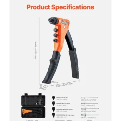 VEVOR Pop Rivet Gun Kit, with 200 Blind Rivets, Heavy Duty Single Hand Riveter with 4 Interchangeable Nosepieces, 4 Drill Bits, and a Carrying Case, Manual Riveting Tool for Metal, Automotive, Home