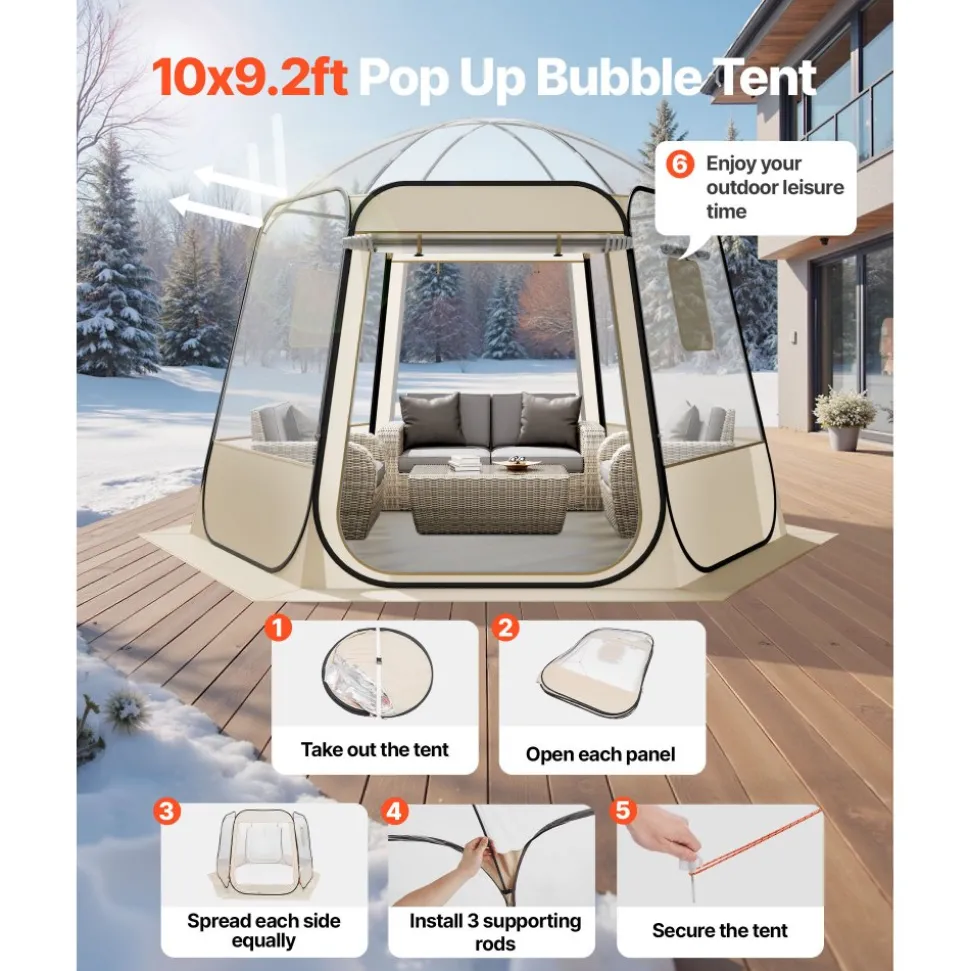 VEVOR Pop up Bubble Tent, 10 x 9.2 ft Waterproof & UV-Resistant, Clear Camping Tent Shelter, Outdoor Garden Dome Igloo Tents with Windows, 540° Panoramic View, for 4-8 Persons Patio Backyard