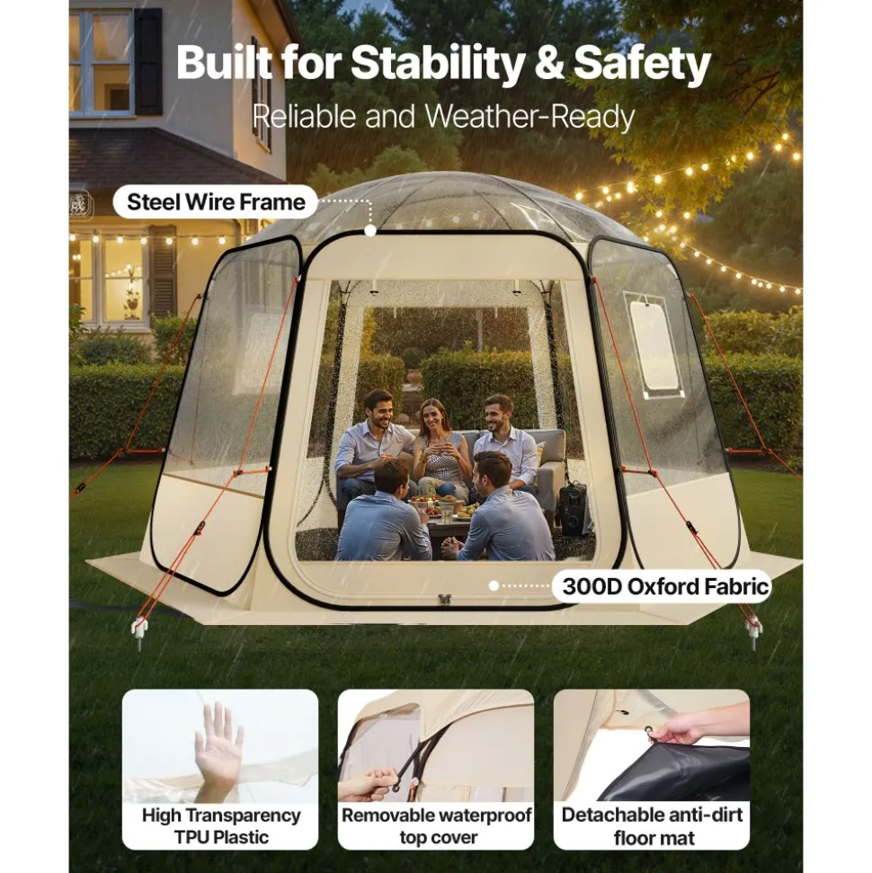 VEVOR Pop up Bubble Tent, 11 x 10.2 ft Waterproof & UV-Resistant, Clear Camping Tent Shelter, Outdoor Garden Dome Igloo Tents with Windows, 540° Panoramic View, for 8-10 Persons Patio Backyard