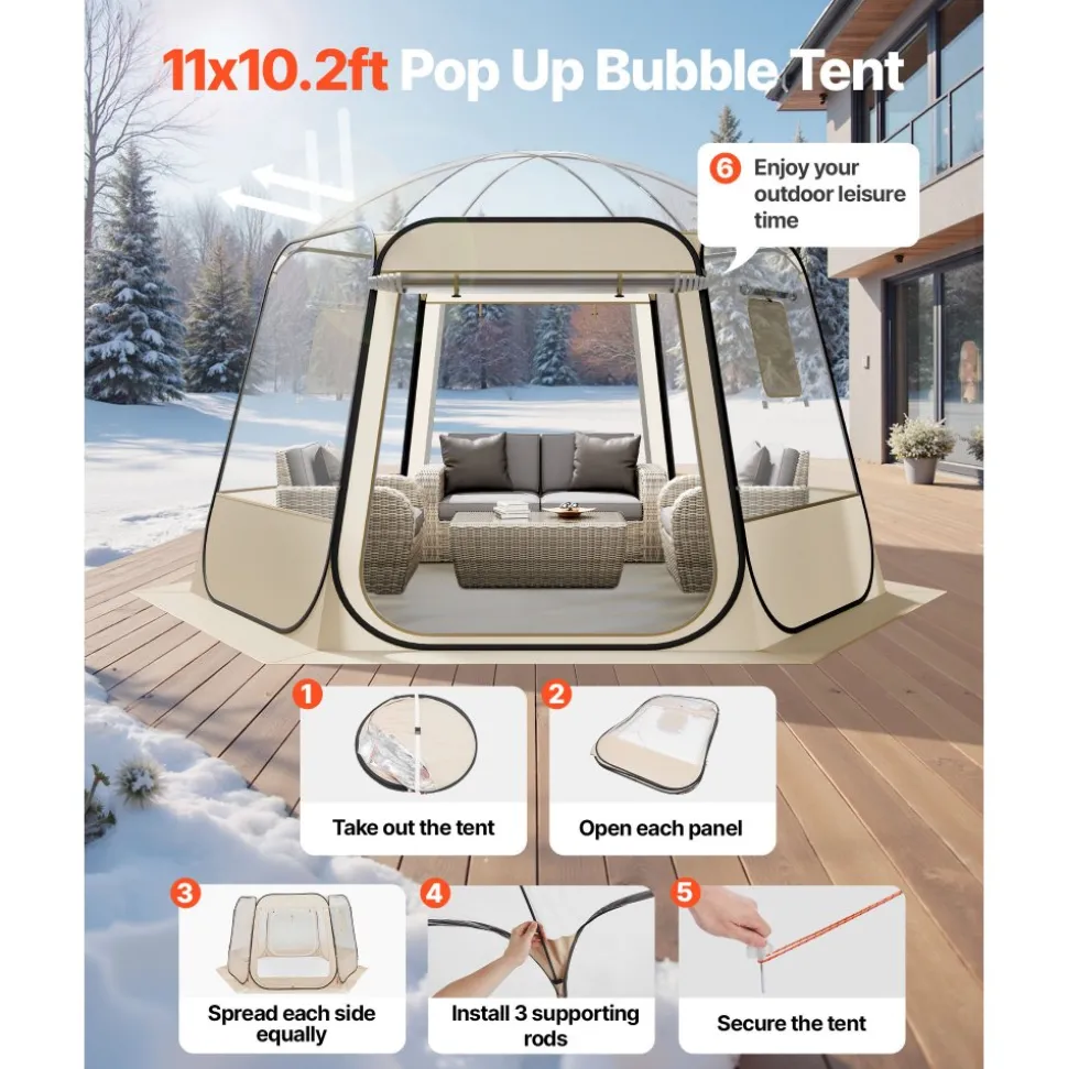 VEVOR Pop up Bubble Tent, 11 x 10.2 ft Waterproof & UV-Resistant, Clear Camping Tent Shelter, Outdoor Garden Dome Igloo Tents with Windows, 540° Panoramic View, for 8-10 Persons Patio Backyard