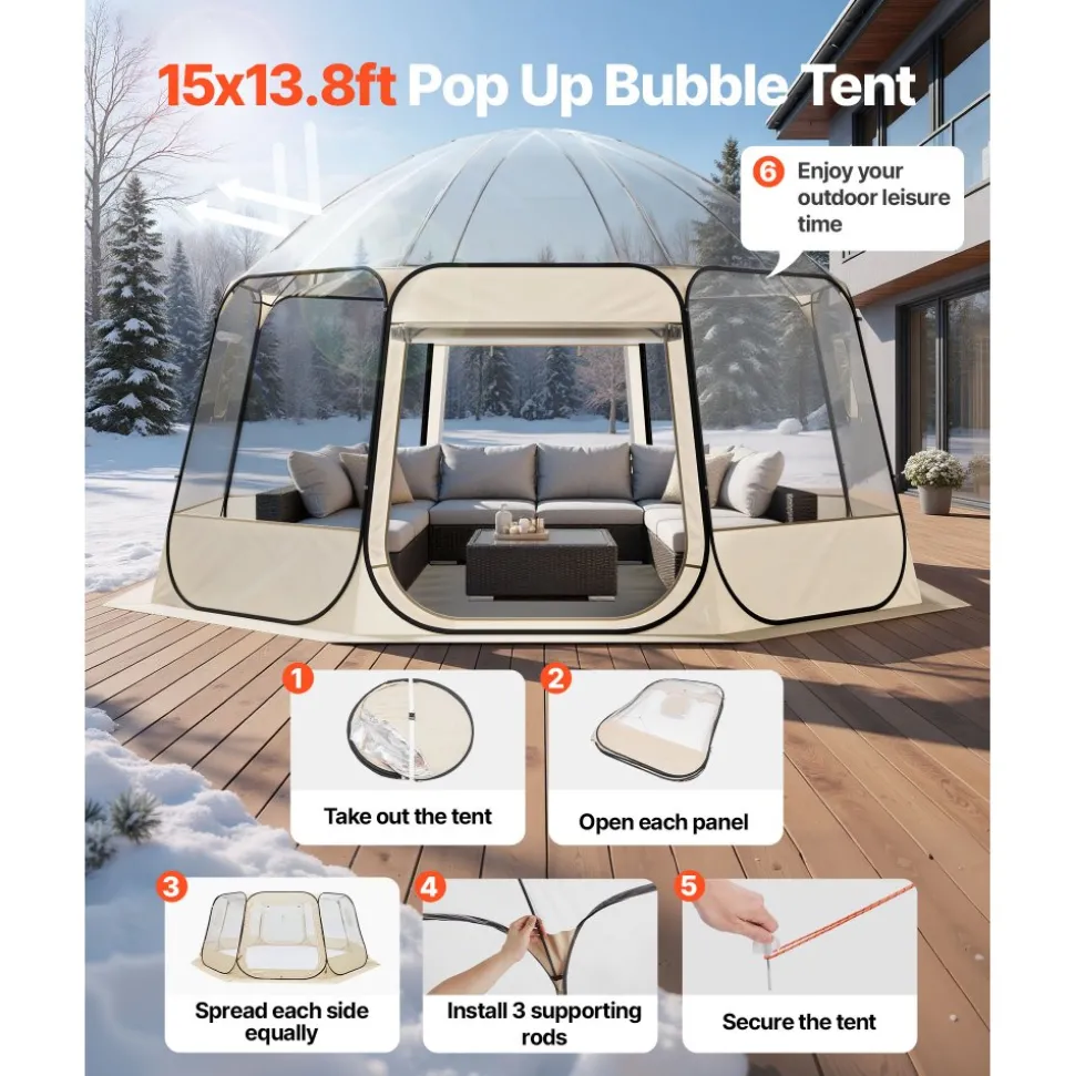 VEVOR Pop up Bubble Tent, 15 x 13.8 ft Waterproof & UV-Resistant, Clear Camping Tent Shelter, Outdoor Garden Dome Igloo Tents with Windows, 540° Panoramic View, for 12-15 Persons Patio Backyard