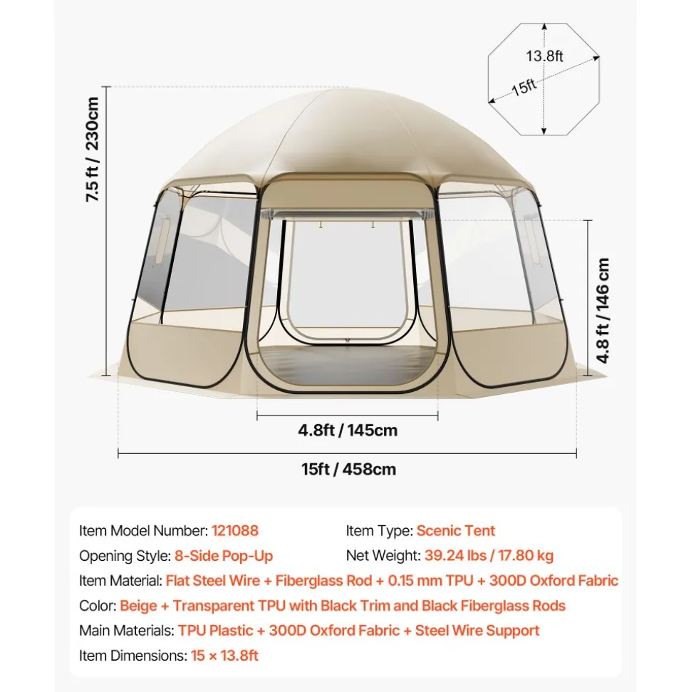 VEVOR Pop up Bubble Tent, 15 x 13.8 ft Waterproof & UV-Resistant, Clear Camping Tent Shelter, Outdoor Garden Dome Igloo Tents with Windows, 540° Panoramic View, for 12-15 Persons Patio Backyard