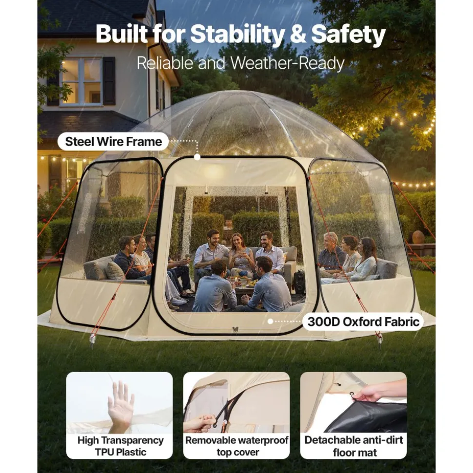VEVOR Pop up Bubble Tent, 15 x 13.8 ft Waterproof & UV-Resistant, Clear Camping Tent Shelter, Outdoor Garden Dome Igloo Tents with Windows, 540° Panoramic View, for 12-15 Persons Patio Backyard