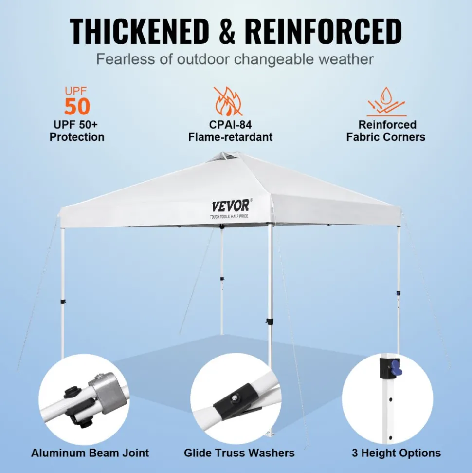 VEVOR Pop Up Canopy Tent, 10 x 10 ft, 250 D PU Silver Coated Tarp, with Portable Roller Bag and 4 Sandbags, Waterproof and Sun Shelter Gazebo for Outdoor Party, Camping, Commercial Events, White