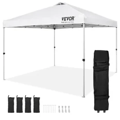 VEVOR Pop Up Canopy Tent, 10 x 10 ft, 250 D PU Silver Coated Tarp, with Portable Roller Bag and 4 Sandbags, Waterproof and Sun Shelter Gazebo for Outdoor Party, Camping, Commercial Events, White