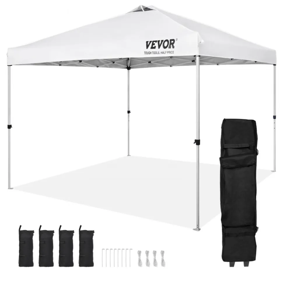VEVOR Pop Up Canopy Tent, 10 x 10 ft, 250 D PU Silver Coated Tarp, with Portable Roller Bag and 4 Sandbags, Waterproof and Sun Shelter Gazebo for Outdoor Party, Camping, Commercial Events, White