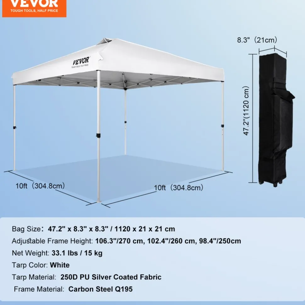 VEVOR Pop Up Canopy Tent, 10 x 10 ft, 250 D PU Silver Coated Tarp, with Portable Roller Bag and 4 Sandbags, Waterproof and Sun Shelter Gazebo for Outdoor Party, Camping, Commercial Events, White