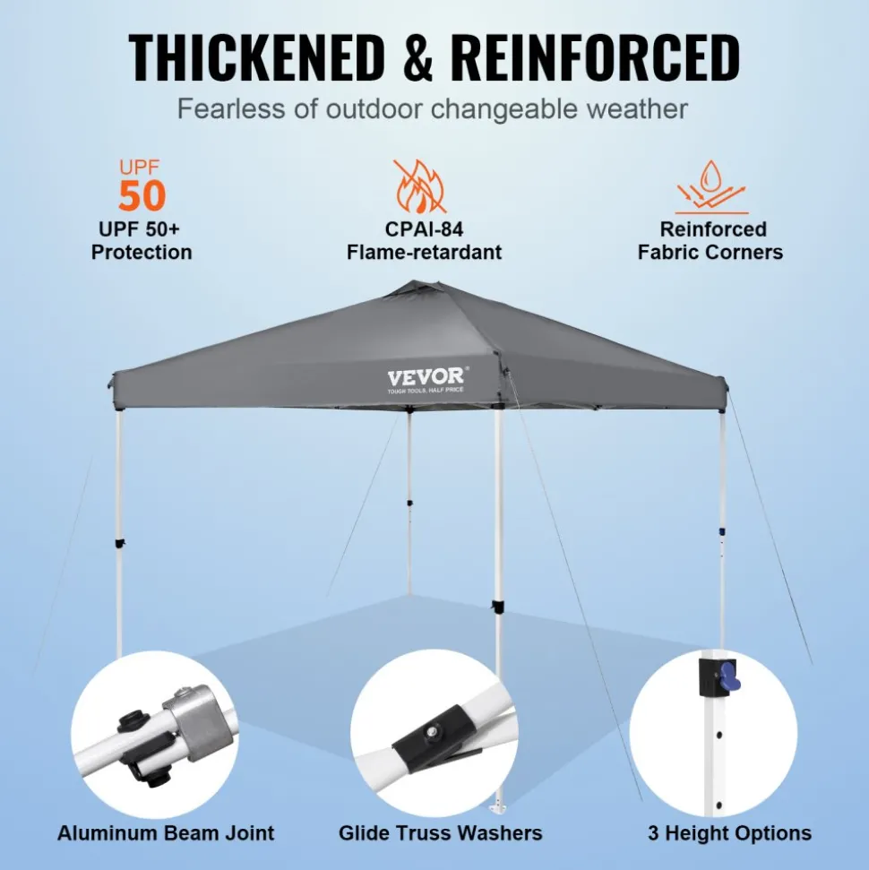 VEVOR Pop Up Canopy Tent, 10 x 10 ft, 250 D PU Silver Coated Tarp, with Portable Roller Bag and 4 Sandbags, Waterproof and Sun Shelter Gazebo for Outdoor Party, Camping, Commercial Events, Dark Gray