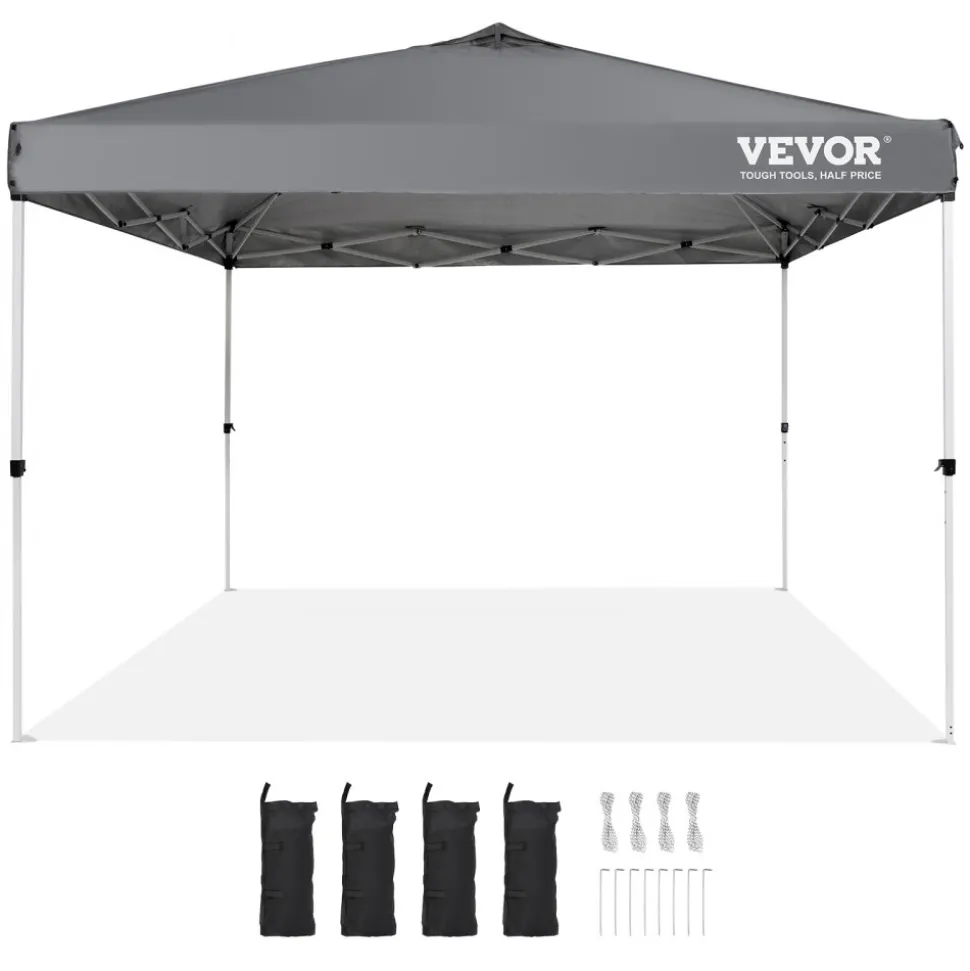 VEVOR Pop Up Canopy Tent, 10 x 10 ft, 250 D PU Silver Coated Tarp, with Portable Roller Bag and 4 Sandbags, Waterproof and Sun Shelter Gazebo for Outdoor Party, Camping, Commercial Events, Dark Gray