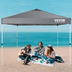 VEVOR Pop Up Canopy Tent, 10 x 10 ft, 250 D PU Silver Coated Tarp, with Portable Roller Bag and 4 Sandbags, Waterproof and Sun Shelter Gazebo for Outdoor Party, Camping, Commercial Events, Dark Gray