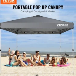 VEVOR Pop Up Canopy Tent, 10 x 10 ft, 250 D PU Silver Coated Tarp, with Portable Roller Bag and 4 Sandbags, Waterproof and Sun Shelter Gazebo for Outdoor Party, Camping, Commercial Events, Dark Gray