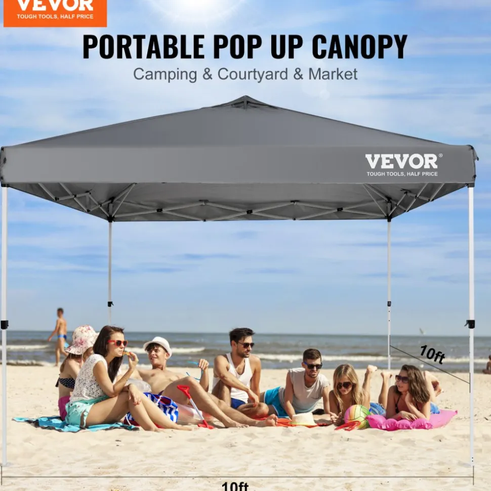 VEVOR Pop Up Canopy Tent, 10 x 10 ft, 250 D PU Silver Coated Tarp, with Portable Roller Bag and 4 Sandbags, Waterproof and Sun Shelter Gazebo for Outdoor Party, Camping, Commercial Events, Dark Gray