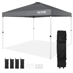 VEVOR Pop Up Canopy Tent, 10 x 10 ft, 250 D PU Silver Coated Tarp, with Portable Roller Bag and 4 Sandbags, Waterproof and Sun Shelter Gazebo for Outdoor Party, Camping, Commercial Events, Dark Gray