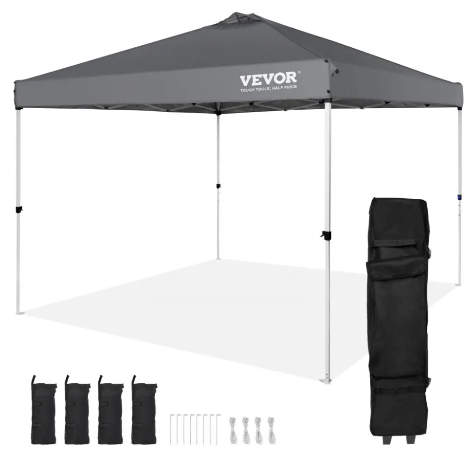 VEVOR Pop Up Canopy Tent, 10 x 10 ft, 250 D PU Silver Coated Tarp, with Portable Roller Bag and 4 Sandbags, Waterproof and Sun Shelter Gazebo for Outdoor Party, Camping, Commercial Events, Dark Gray