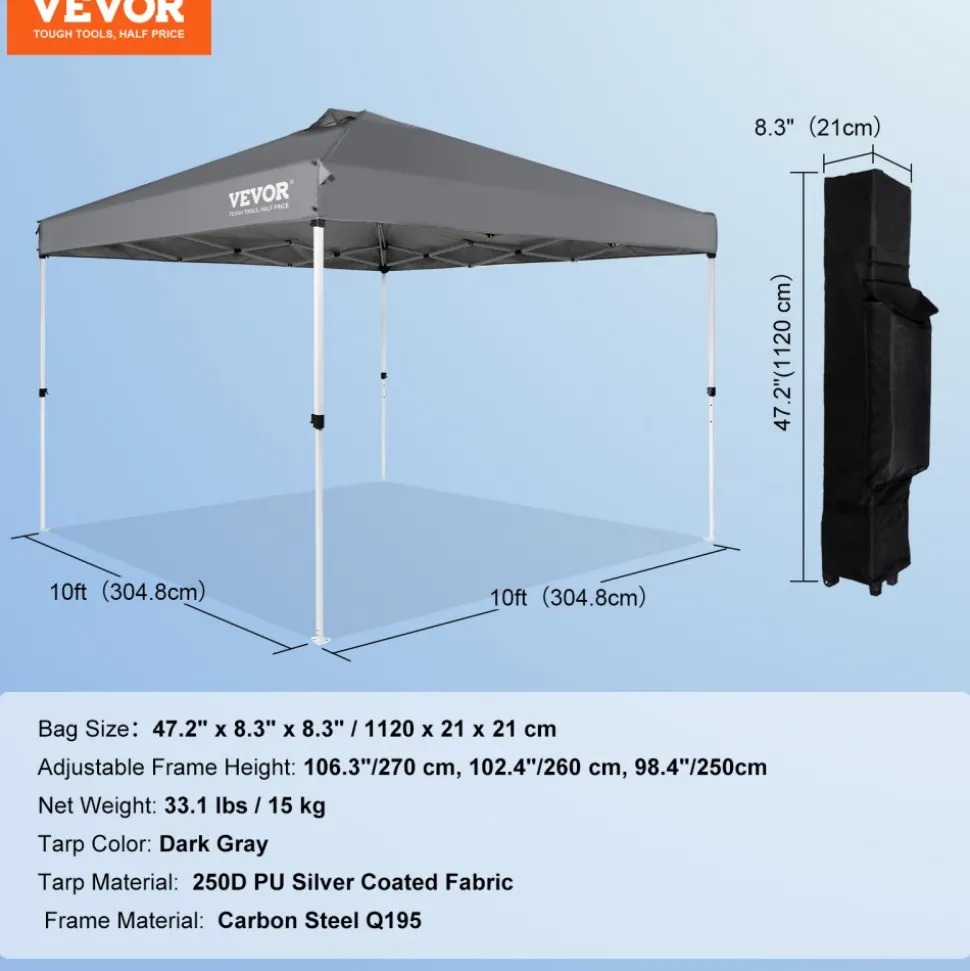 VEVOR Pop Up Canopy Tent, 10 x 10 ft, 250 D PU Silver Coated Tarp, with Portable Roller Bag and 4 Sandbags, Waterproof and Sun Shelter Gazebo for Outdoor Party, Camping, Commercial Events, Dark Gray