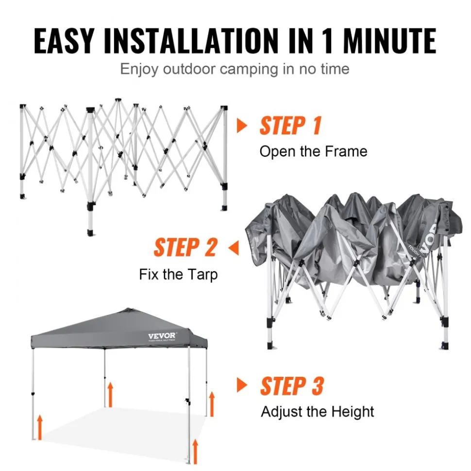 VEVOR Pop Up Canopy Tent, 10 x 10 ft, 250 D PU Silver Coated Tarp, with Portable Roller Bag and 4 Sandbags, Waterproof and Sun Shelter Gazebo for Outdoor Party, Camping, Commercial Events, Dark Gray