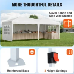 VEVOR Pop Up Canopy, 10 x 20 FT Instant Canopy Portable Gazebo with 3 Sidewalls & 2 Ventilated Windows, Height Adjustable Pop-Up Outdoor Shelter Tent for Events, Patio, Backyard, Party, Parking