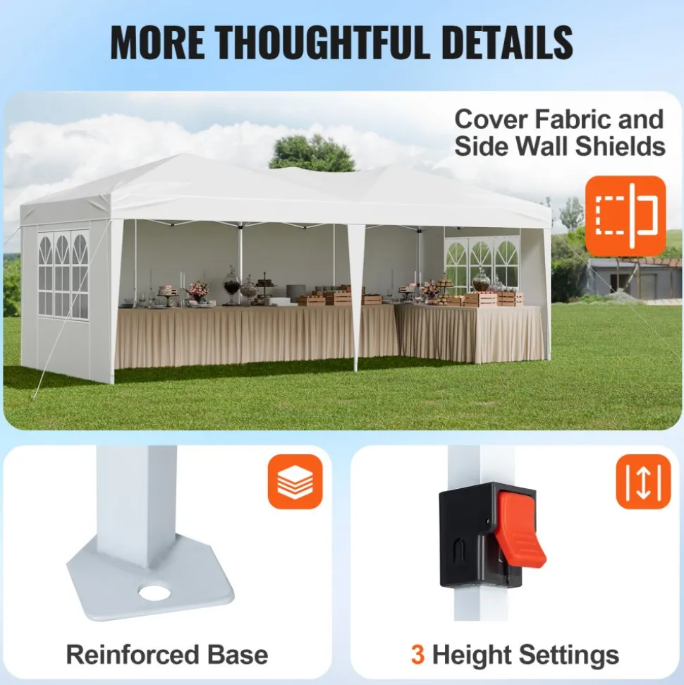 VEVOR Pop Up Canopy, 10 x 20 FT Instant Canopy Portable Gazebo with 3 Sidewalls & 2 Ventilated Windows, Height Adjustable Pop-Up Outdoor Shelter Tent for Events, Patio, Backyard, Party, Parking