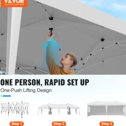 VEVOR Pop Up Canopy, 10 x 20 FT Instant Canopy Portable Gazebo with 3 Sidewalls & 2 Ventilated Windows, Height Adjustable Pop-Up Outdoor Shelter Tent for Events, Patio, Backyard, Party, Parking