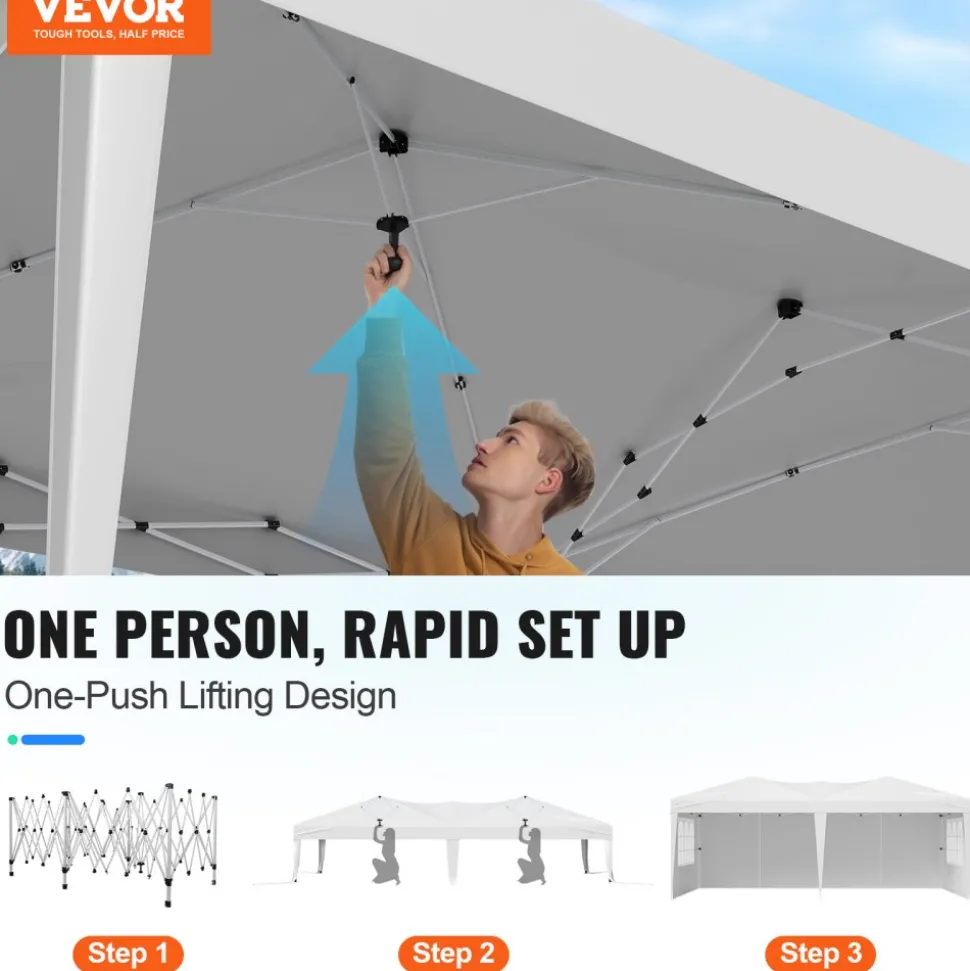 VEVOR Pop Up Canopy, 10 x 20 FT Instant Canopy Portable Gazebo with 3 Sidewalls & 2 Ventilated Windows, Height Adjustable Pop-Up Outdoor Shelter Tent for Events, Patio, Backyard, Party, Parking