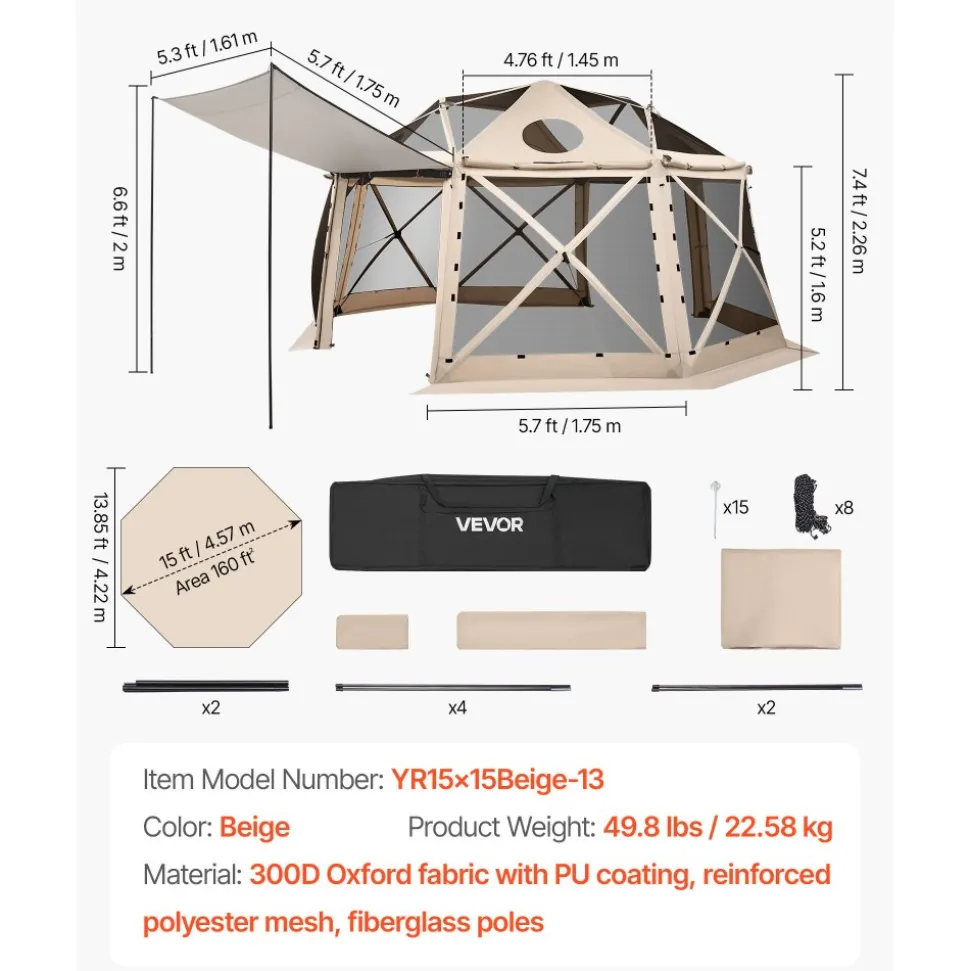 VEVOR Pop up Gazebo Screen Tent, 15 x 15 ft, 13-Sided Spherical Camping Canopy Tent with Removable Top & Carry Bag, Quick-Set & Bite-Proof, Screen House Sun Shelter for 12-15 Persons, Beige