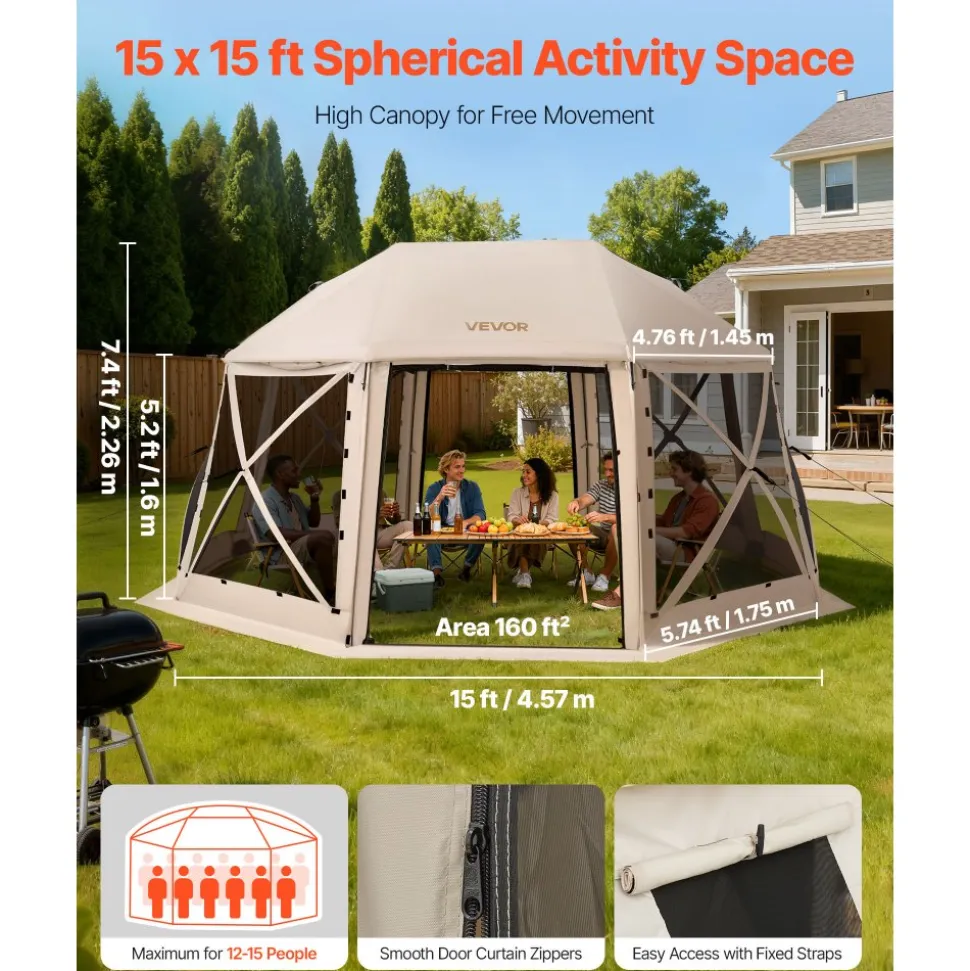 VEVOR Pop up Gazebo Screen Tent, 15 x 15 ft, 13-Sided Spherical Camping Canopy Tent with Removable Top & Carry Bag, Quick-Set & Bite-Proof, Screen House Sun Shelter for 12-15 Persons, Beige