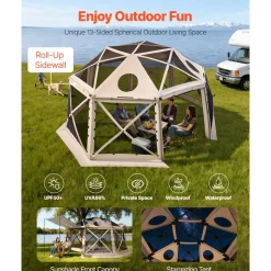 VEVOR Pop up Gazebo Screen Tent, 15 x 15 ft, 13-Sided Spherical Camping Canopy Tent with Removable Top & Carry Bag, Quick-Set & Bite-Proof, Screen House Sun Shelter for 12-15 Persons, Beige