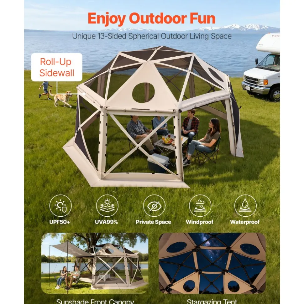 VEVOR Pop up Gazebo Screen Tent, 15 x 15 ft, 13-Sided Spherical Camping Canopy Tent with Removable Top & Carry Bag, Quick-Set & Bite-Proof, Screen House Sun Shelter for 12-15 Persons, Beige