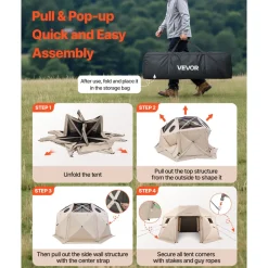 VEVOR Pop up Gazebo Screen Tent, 15 x 15 ft, 13-Sided Spherical Camping Canopy Tent with Removable Top & Carry Bag, Quick-Set & Bite-Proof, Screen House Sun Shelter for 12-15 Persons, Beige