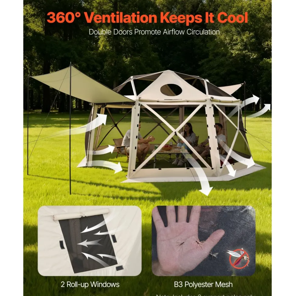 VEVOR Pop up Gazebo Screen Tent, 15 x 15 ft, 13-Sided Spherical Camping Canopy Tent with Removable Top & Carry Bag, Quick-Set & Bite-Proof, Screen House Sun Shelter for 12-15 Persons, Beige
