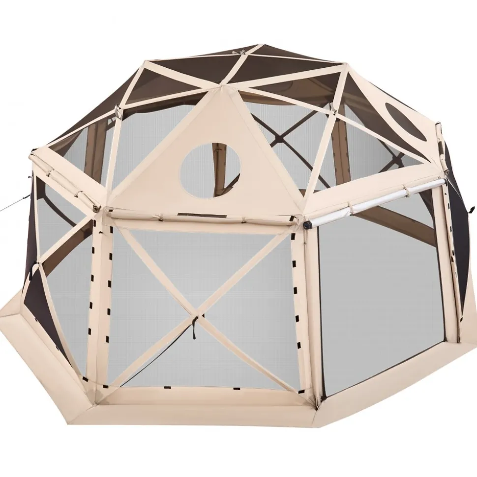 VEVOR Pop up Gazebo Screen Tent, 15 x 15 ft, 13-Sided Spherical Camping Canopy Tent with Removable Top & Carry Bag, Quick-Set & Bite-Proof, Screen House Sun Shelter for 12-15 Persons, Beige