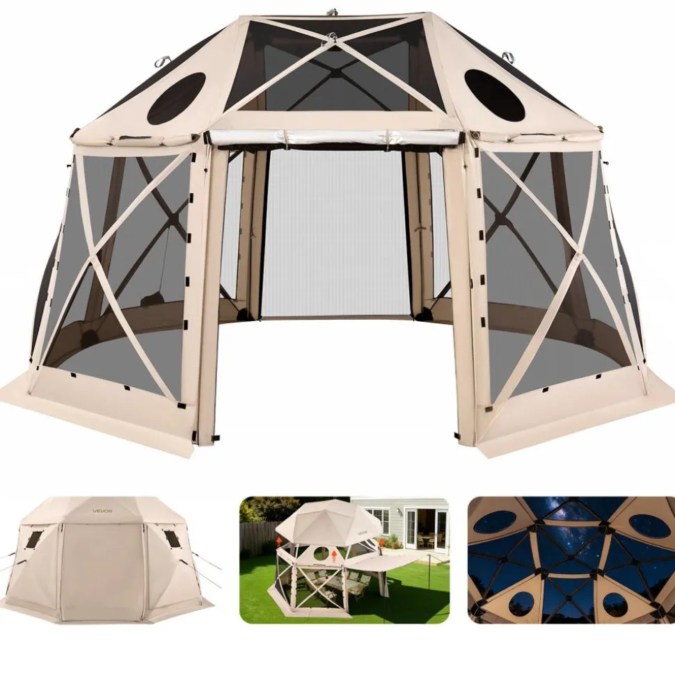 VEVOR Pop up Gazebo Screen Tent, 15 x 15 ft, 13-Sided Spherical Camping Canopy Tent with Removable Top & Carry Bag, Quick-Set & Bite-Proof, Screen House Sun Shelter for 12-15 Persons, Beige