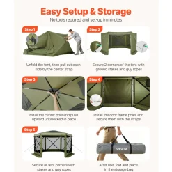 VEVOR Pop up Gazebo Screen Tent, 12 x 12 ft Large 6-Sided Camping Canopy Tent with Removable Top & Carry Bag, Quick-Set & Bite-Proof, Screen House Sun Shelter for 8-10 Persons Backyard Patio, Green