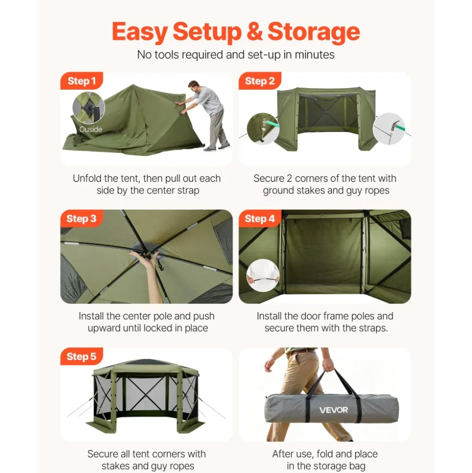 VEVOR Pop up Gazebo Screen Tent, 12 x 12 ft Large 6-Sided Camping Canopy Tent with Removable Top & Carry Bag, Quick-Set & Bite-Proof, Screen House Sun Shelter for 8-10 Persons Backyard Patio, Green