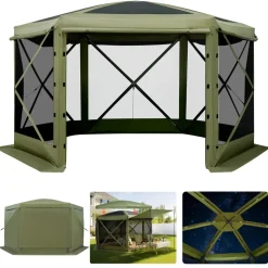 VEVOR Pop up Gazebo Screen Tent, 12 x 12 ft Large 6-Sided Camping Canopy Tent with Removable Top & Carry Bag, Quick-Set & Bite-Proof, Screen House Sun Shelter for 8-10 Persons Backyard Patio, Green