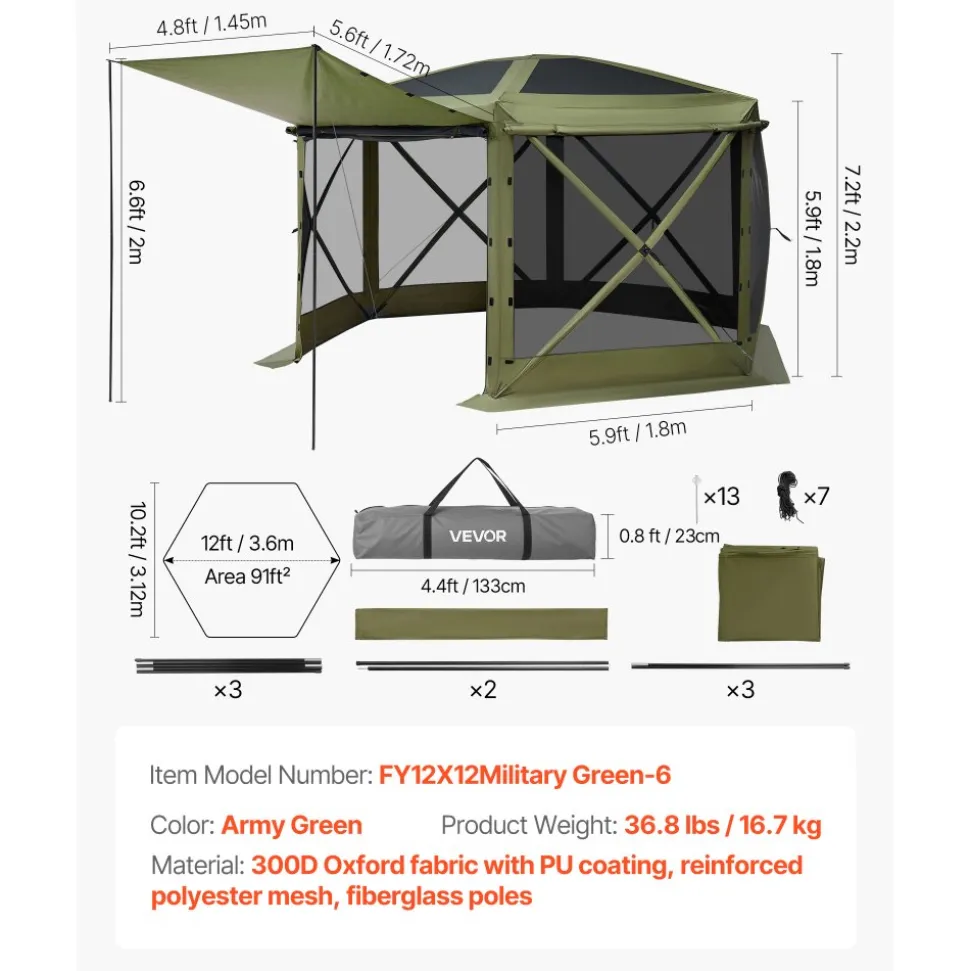 VEVOR Pop up Gazebo Screen Tent, 12 x 12 ft Large 6-Sided Camping Canopy Tent with Removable Top & Carry Bag, Quick-Set & Bite-Proof, Screen House Sun Shelter for 8-10 Persons Backyard Patio, Green