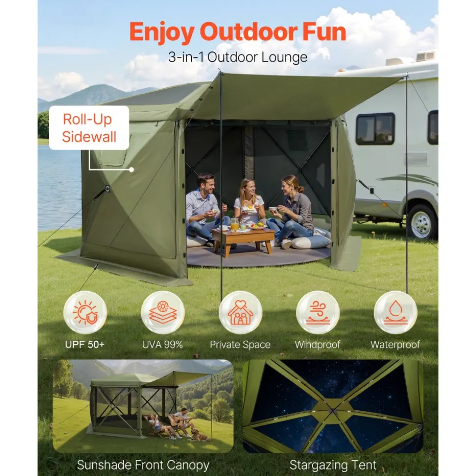 VEVOR Pop up Gazebo Screen Tent, 12 x 12 ft Large 6-Sided Camping Canopy Tent with Removable Top & Carry Bag, Quick-Set & Bite-Proof, Screen House Sun Shelter for 8-10 Persons Backyard Patio, Green