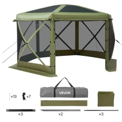 VEVOR Pop up Gazebo Screen Tent, 12 x 12 ft Large 6-Sided Camping Canopy Tent with Removable Top & Carry Bag, Quick-Set & Bite-Proof, Screen House Sun Shelter for 8-10 Persons Backyard Patio, Green