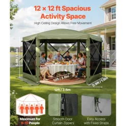 VEVOR Pop up Gazebo Screen Tent, 12 x 12 ft Large 6-Sided Camping Canopy Tent with Removable Top & Carry Bag, Quick-Set & Bite-Proof, Screen House Sun Shelter for 8-10 Persons Backyard Patio, Green