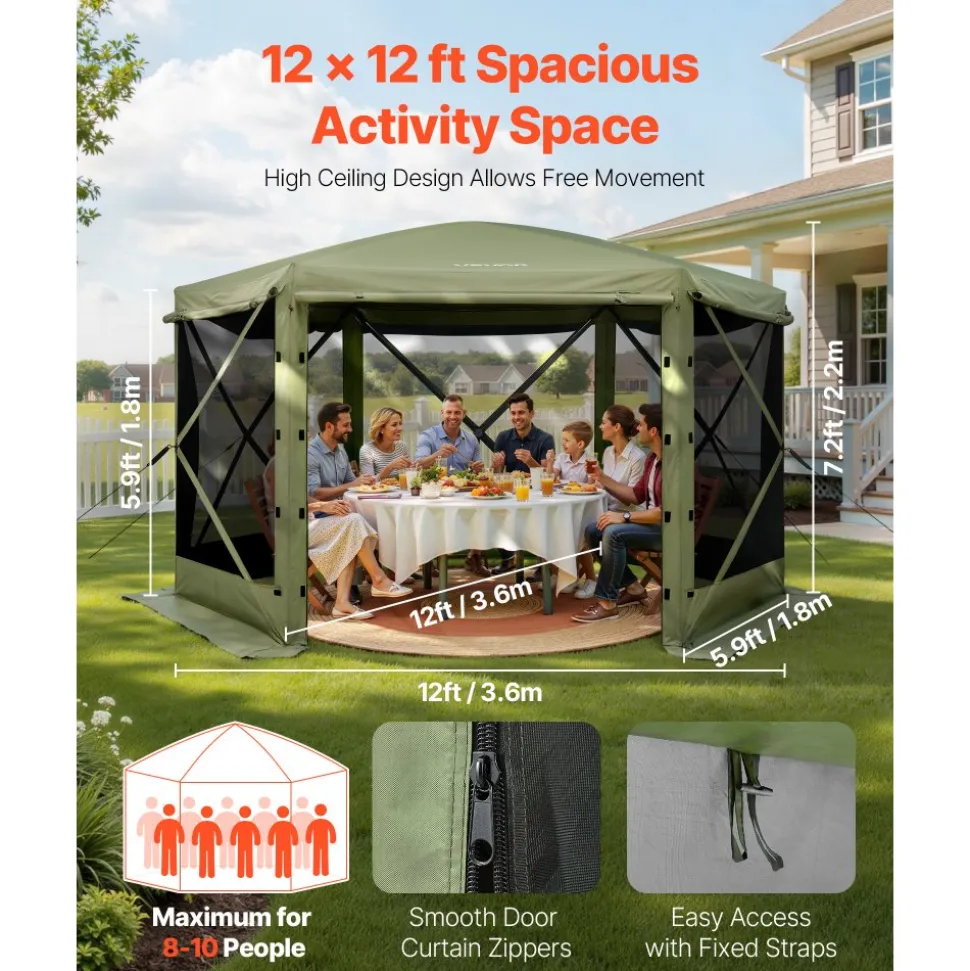 VEVOR Pop up Gazebo Screen Tent, 12 x 12 ft Large 6-Sided Camping Canopy Tent with Removable Top & Carry Bag, Quick-Set & Bite-Proof, Screen House Sun Shelter for 8-10 Persons Backyard Patio, Green