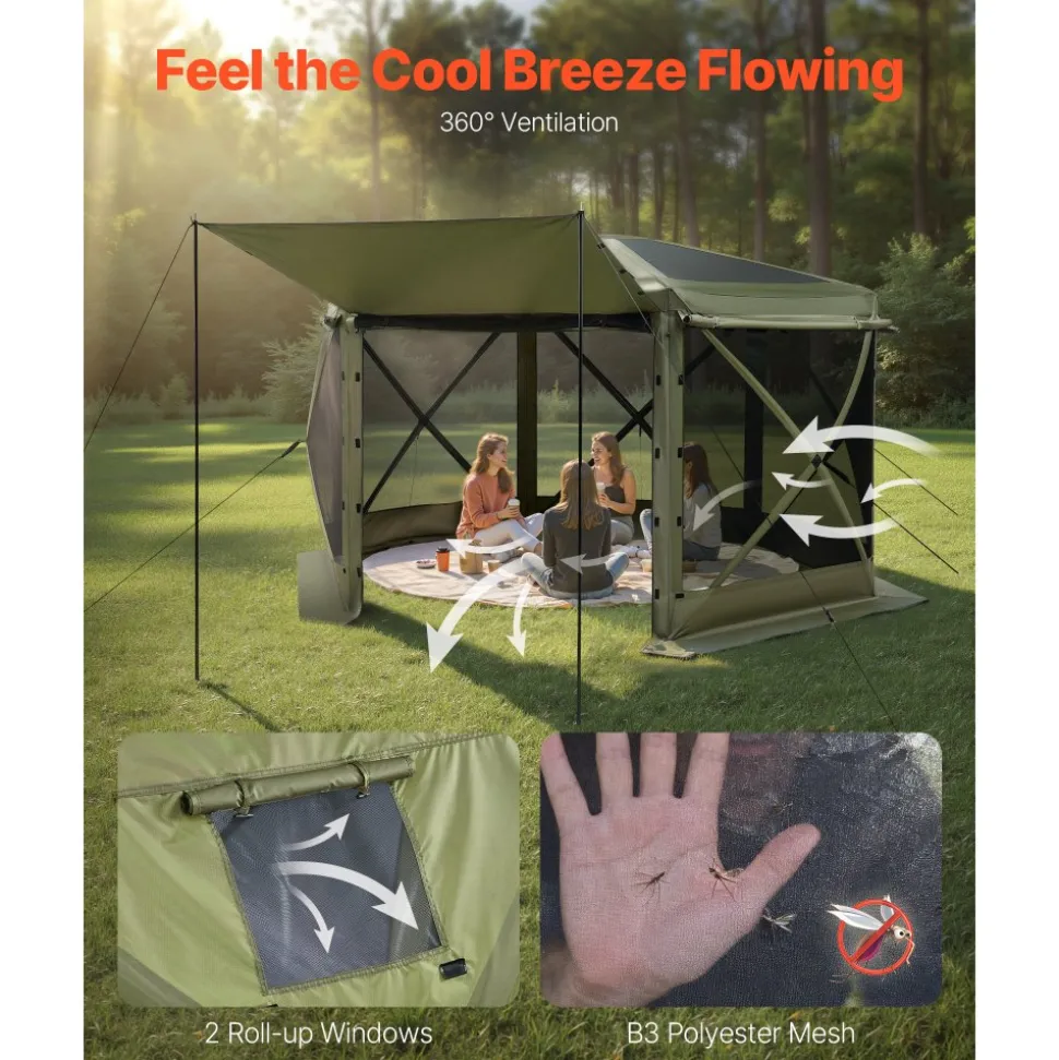 VEVOR Pop up Gazebo Screen Tent, 12 x 12 ft Large 6-Sided Camping Canopy Tent with Removable Top & Carry Bag, Quick-Set & Bite-Proof, Screen House Sun Shelter for 8-10 Persons Backyard Patio, Green