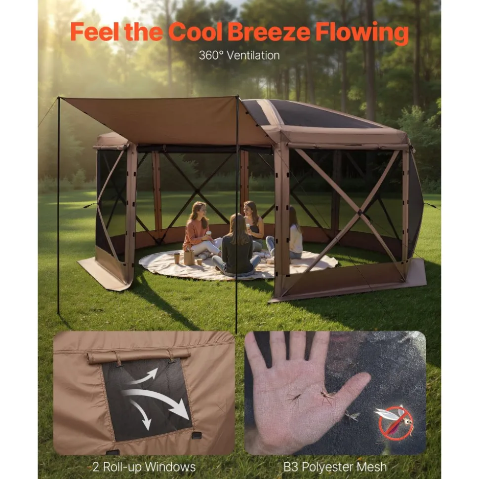 VEVOR Pop up Gazebo Screen Tent, 15 x 15 ft Large 8-Sided Camping Canopy Tent with Removable Top & Carry Bag, Quick-Set & Bite-Proof, Screen House Sun Shelter for 12-15 Persons Backyard Patio, Brown
